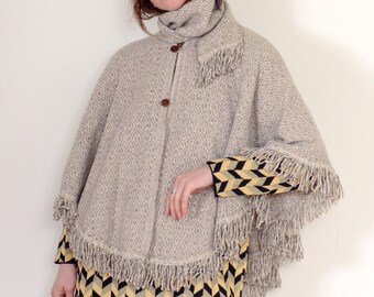 cropped wool diamond weave poncho with neck tie / 70s vintage poncho