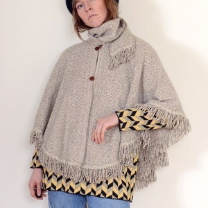 cropped wool diamond weave poncho with neck tie / 70s vintage poncho image 1