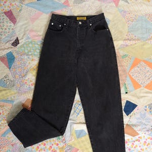 vintage 90s black jeans by Sasson / ultra high waisted tapered leg / rigid cotton denim / 28&quot; waist