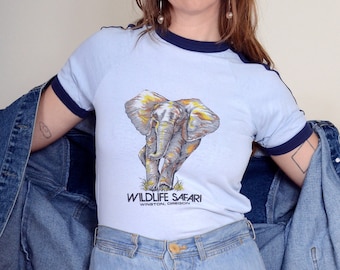 wildlife safari graphic ringer tee / striped sleeves raglan t-shirt / vintage 80s tee / small - medium