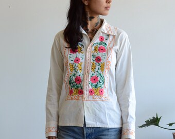 embroidered Mexican folk blouse / playful cotton button up / vintage 70s top / xs - small