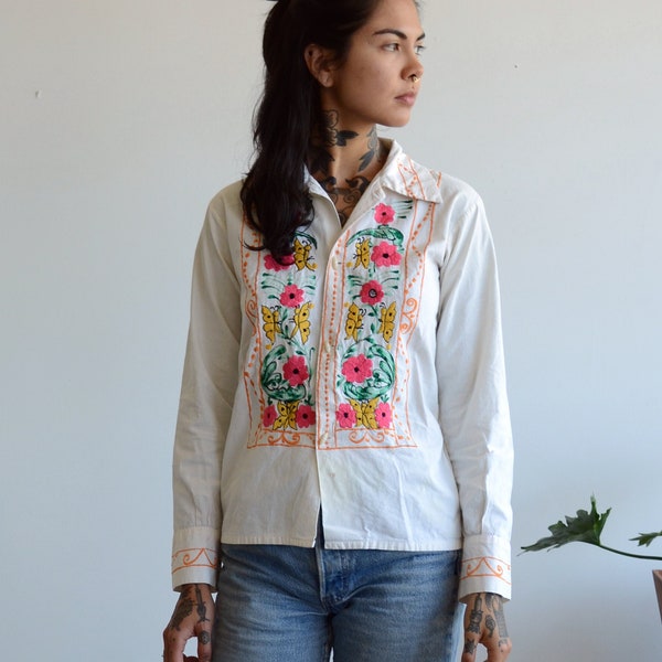 embroidered Mexican folk blouse / playful cotton button up / vintage 70s top / xs - small