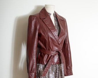 cropped leather jacket with waist tie by Wilsons / vintage 80s leather jacket / small