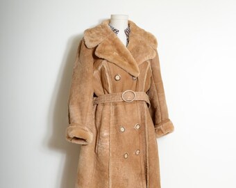 long tan shearling coat with waist tie by The Sheepskin Shop / vintage 70s sheepskin coat / medium - large