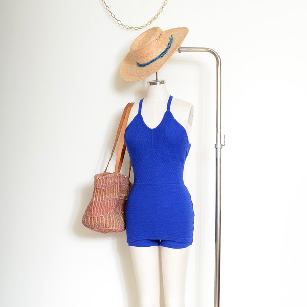 Catalina knitwear cobalt blue wool bathing suit / vintage 40s swimsuit / XS - small