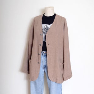 Vintage 90s Mauve Linen Shirt Jacket / Boxy Fit Natural