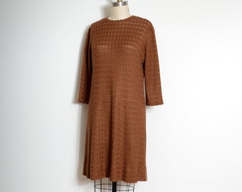 knit brown shift dress by Caledonia / vintage 50s dress / large