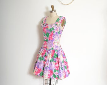 floral puff skirt cotton tank dress / vintage 80s dress / medium