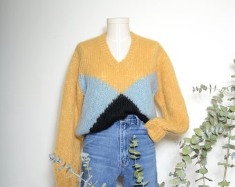 yellow fuzzy mohair argyle sweater / vintage 60s wool sweater / small - medium