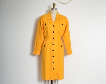 yellow linen button up shirtdress by Anne Klein / vintage 80s dress / small