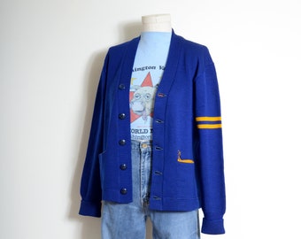 blue and gold wool letterman cardigan by Dehen / vintage 50s sweater / small - medium