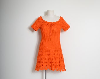 vibrant orange crochet MOD mini dress with scalloped edges / vintage 60s dress / small