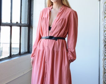 tiered pink maxi dress / button front house dress by David Brown / vintage 60s/70s dress / medium - large