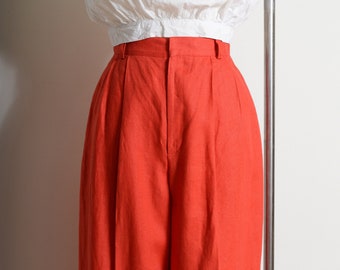 pleated red linen trousers / high waisted straight leg pants / vintage 90s trousers / 26" waist