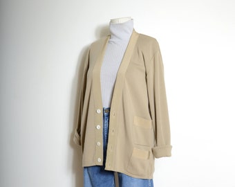 tan wool V-neck cardigan by Salvatore Ferragamo / vintage 80s sweater / designer vintage / small - medium