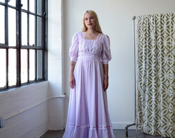 lavender prairie dress / puff sleeve maxi dress with full tiered skirt / vintage 70s dress / small