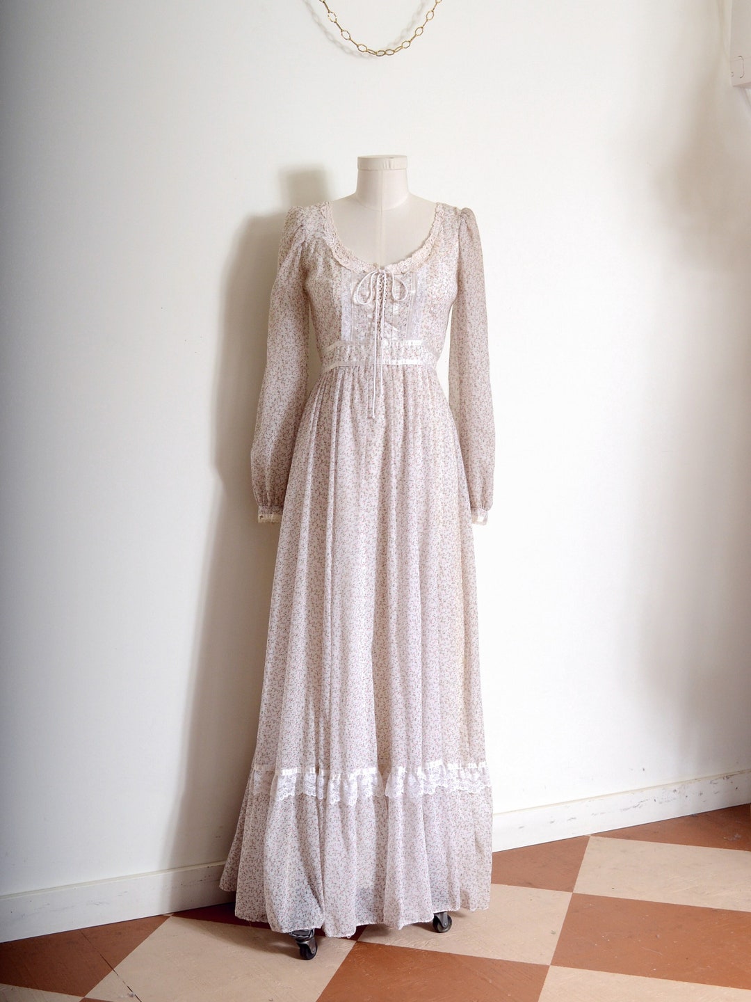 Gunne Sax Calico Rose Corset Top Prairie Dress / Long Sleeve Maxi Dress ...