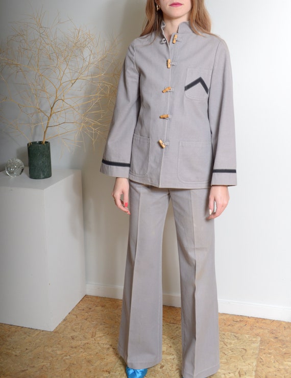 1970s Roncelli Pant Suit / Grey Cotton Two Piece /