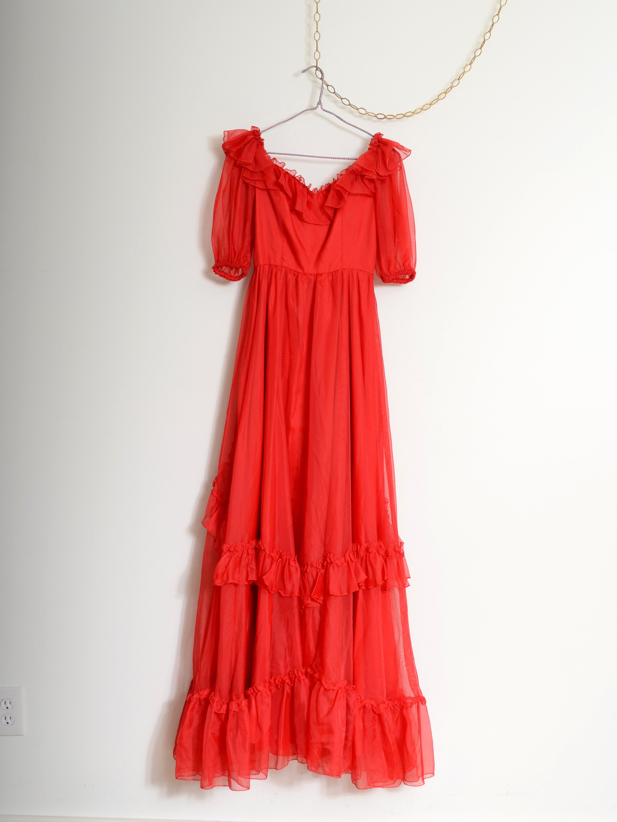 Vintage 70s/80s Red Ruffled Puff Sleeve Gown / Shiny Taffeta
