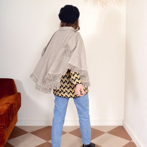 cropped wool diamond weave poncho with neck tie / 70s vintage poncho image 8