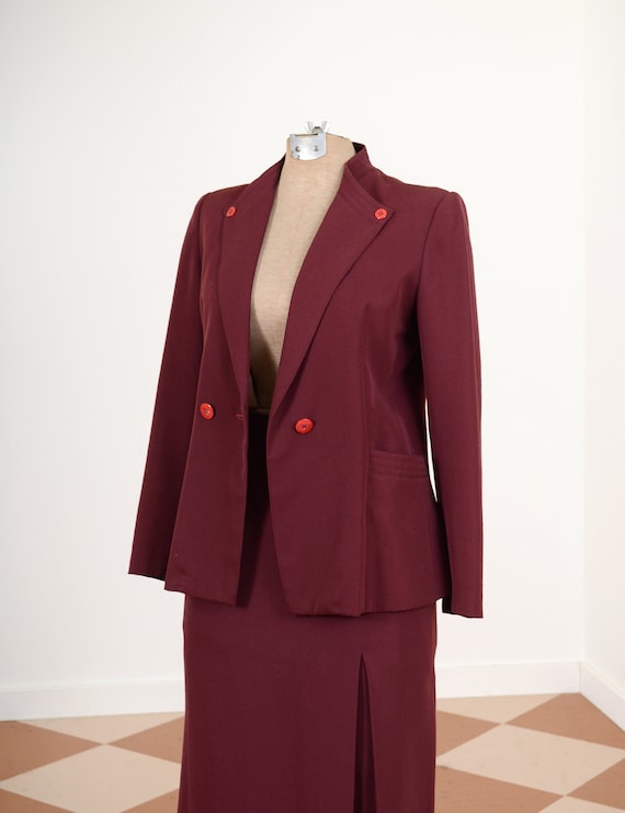 70s Burgundy Skirt Suit / 40s Style Blazer and Ski