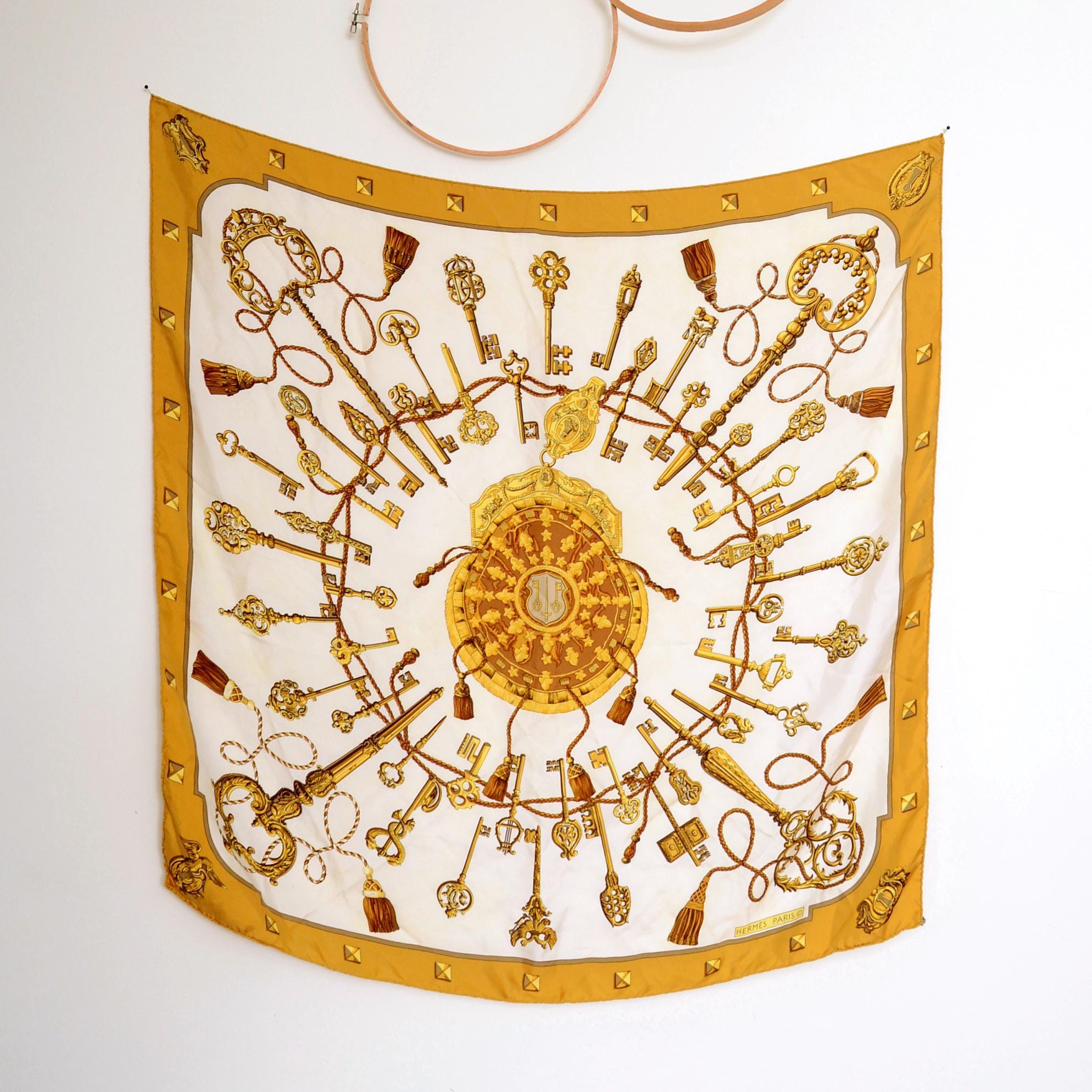 Vintage 80s Hermès Paris Large Silk Scarf / Les Cles Key Designed