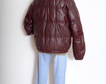 Vintage 80s Brown Leather Puffer Jacket by Skitique Vintage 80s Brown Leather Puffer Jacket by Skitique