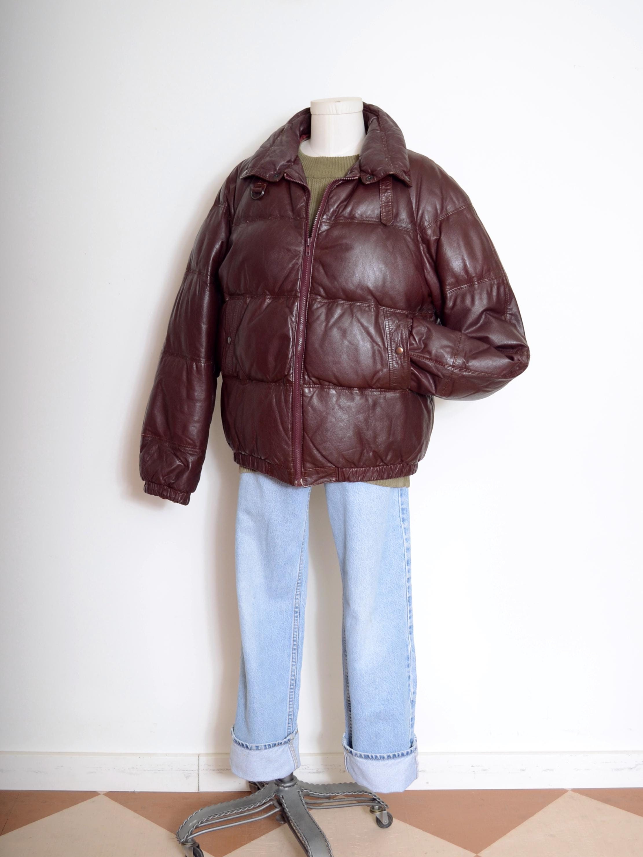 Vintage 80s Brown Leather Puffer Jacket by Skitique Vintage 80s Brown Leather Puffer Jacket by Skitique