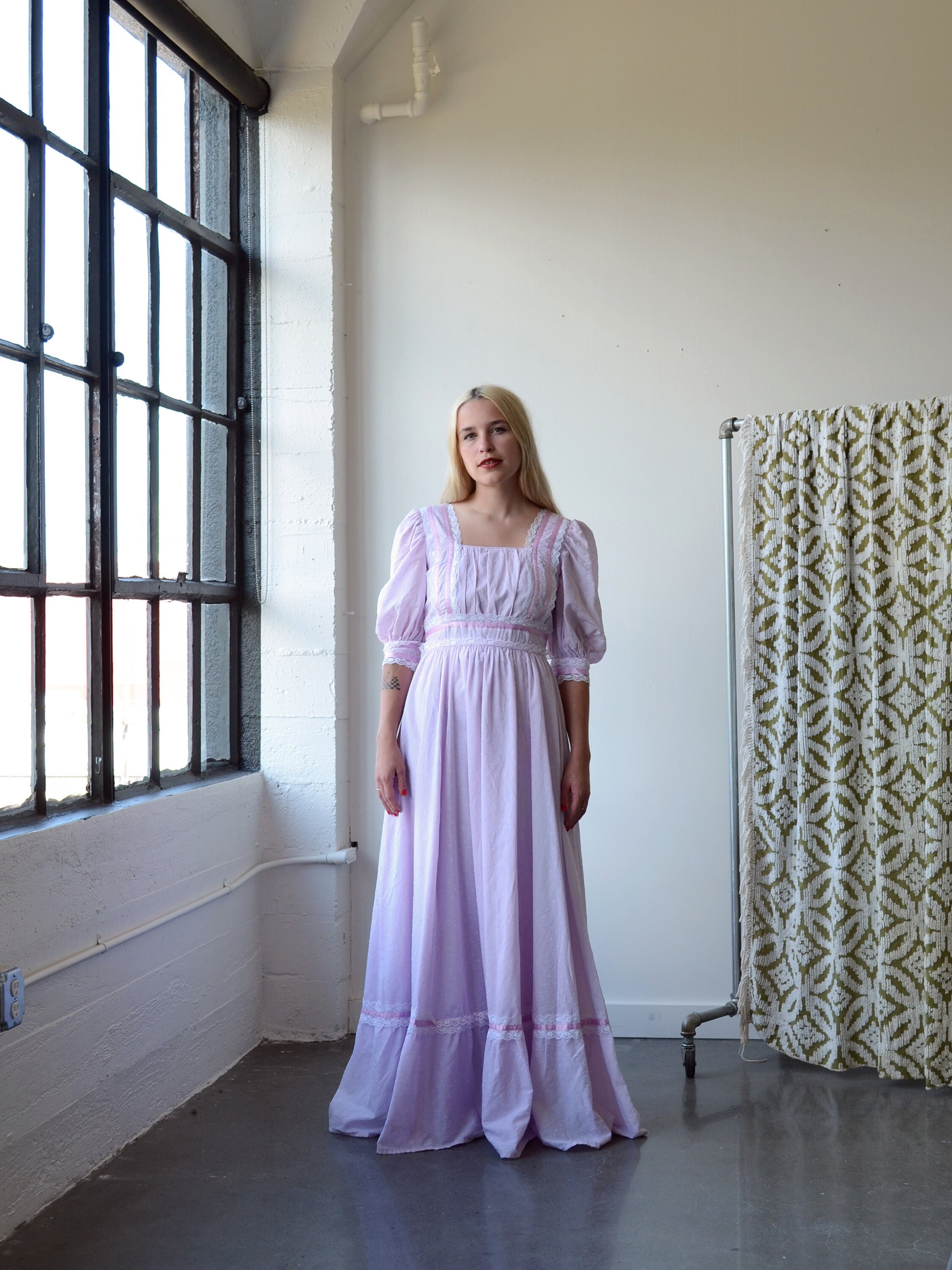 70s lavender puff sleeve prairie dress small