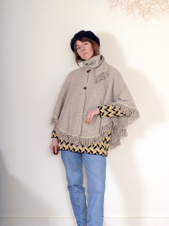 70s cropped wool diamond weave poncho