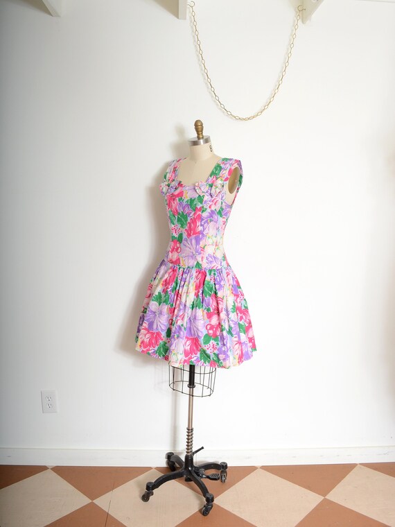 80s floral puff skirt cotton tank dress / medium