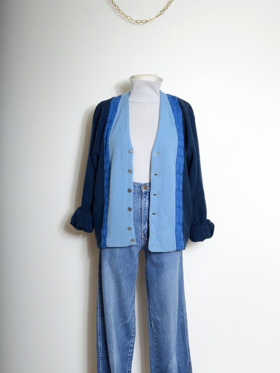 60s shades of blue wool cardigan by Josef Duran / small - med - large