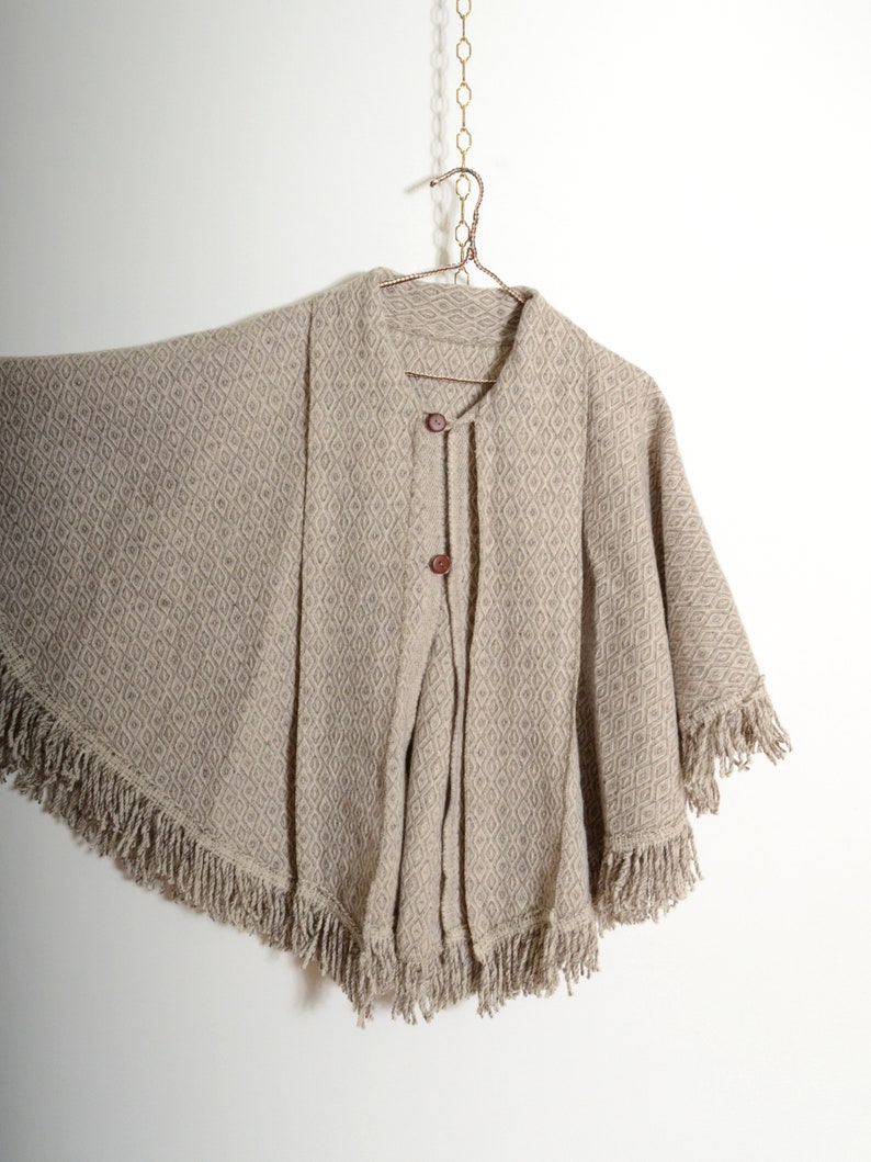 cropped wool diamond weave poncho with neck tie / 70s vintage poncho image 5