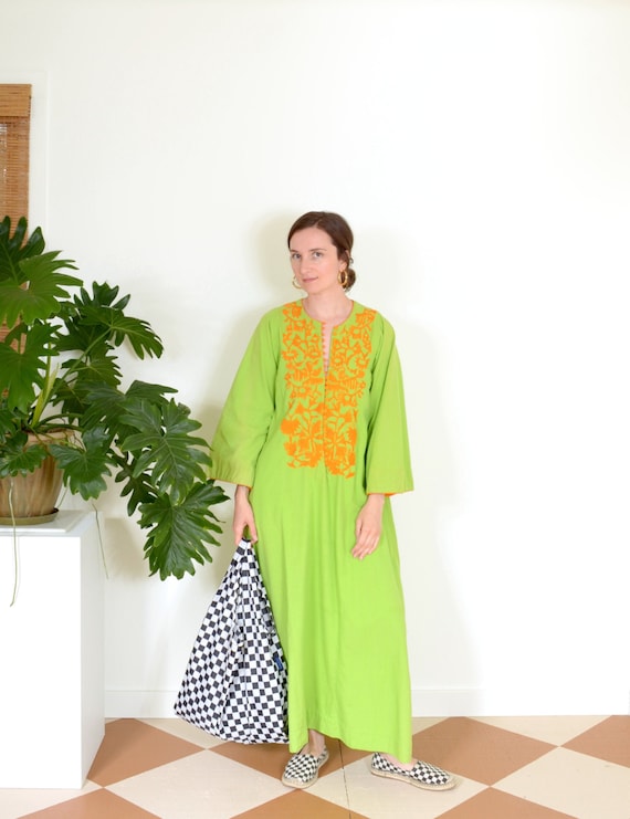 70s Electric Green Embroidered Cotton Kaftan Dress