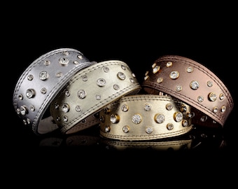 Wide soft collar made of genuine leather with crystals for Italian Greyhounds and Whippets. Ideal for puppies. Various colors are available