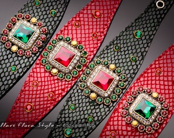 Luxury Leather Dog Collar, Rhinestone Dog Collar, Fancy Emerald Ruby Pet Jewelry, Exotic Reptile Leather Puppy Collar, Handcrafted Gift