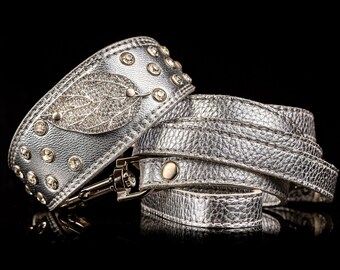Set - Collar & Leash - Diamonds)  Luxury Dog Collar, Leather Сollar for Italian Greyhound, Sighthound, Whippet, Chinese Crested Dog, Poodle