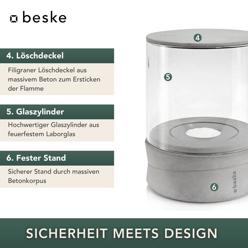 May include: A gray concrete base with a clear glass cylinder and a gray concrete lid. The lid has a small hole in the center. The base has the text "SICHERHEIT MEETS DESIGN" printed on it. The text "4. L&ouml;schdeckel" is printed on a green rectangle above the lid. The text "5. Glaszylinder" is printed on a green rectangle above the cylinder. The text "6. Fester Stand" is printed on a green rectangle below the base.