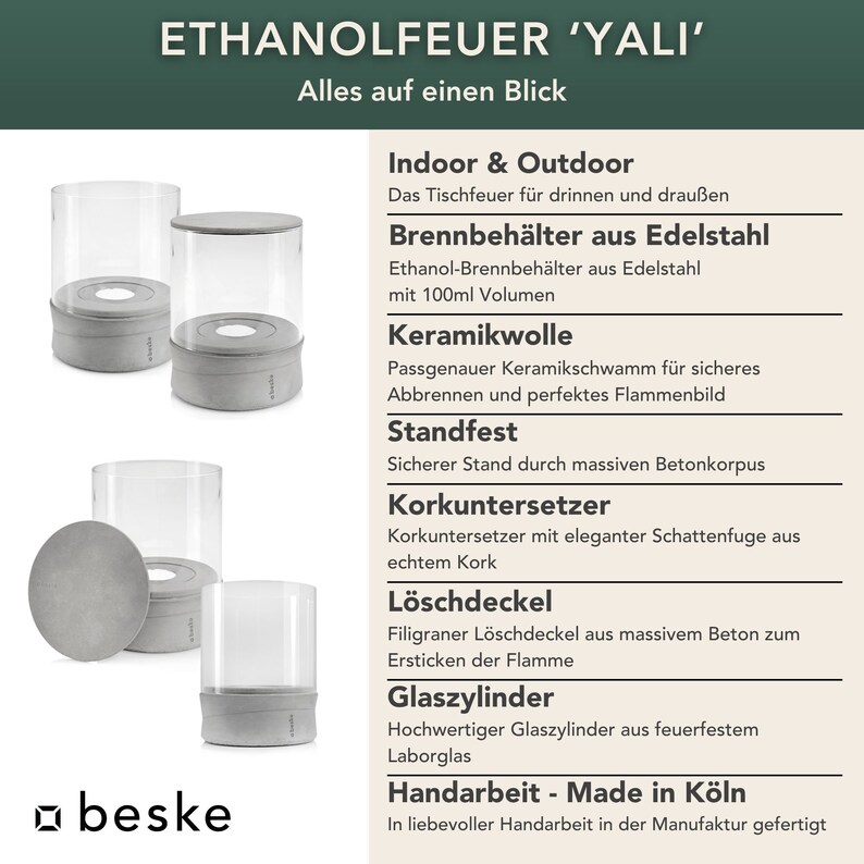 May include: A set of three glass ethanol fire pits with a gray concrete base and a cork base. The fire pits are labeled "Ethanolfeuer 'Yali'" and "beske". The text "Alles auf einen Blick" is also visible. The fire pits are described as "Indoor & Outdoor", "Brennbeh&auml;lter aus Edelstahl", "Keramikwolle", "Standfest", "Korkuntersetzer", "L&ouml;schdeckel", "Glaszylinder", and "Handarbeit - Made in K&ouml;ln".