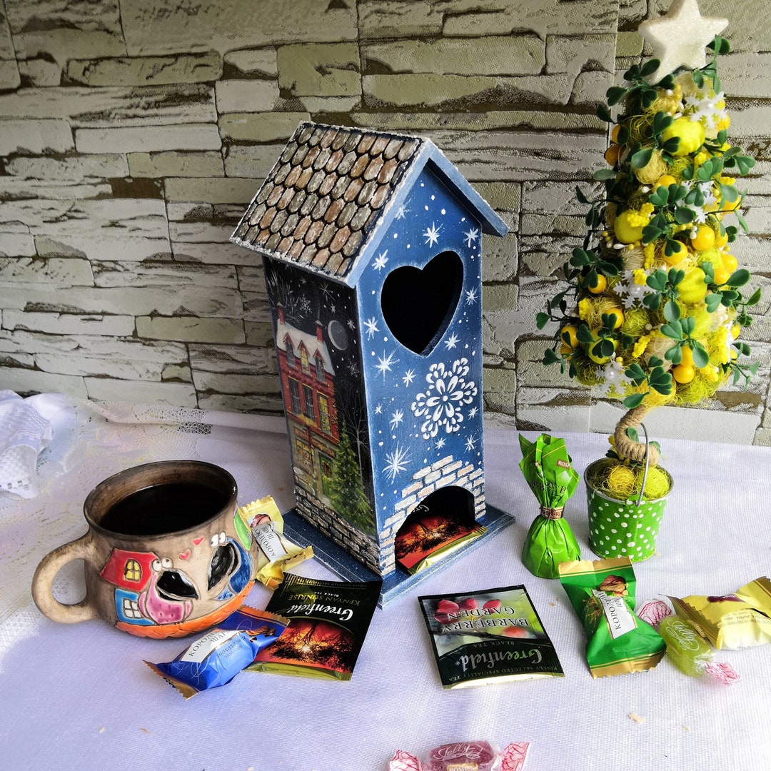 Christmas Tea House Box New Year Wooden Tea House Wooden Tea Bag