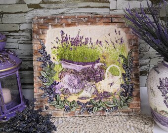 Imagen en la pared Día de la Madre Flores de lavanda Decoración rústica Decoración de la cocina Imagen para la casa en la pared Estilo rústico con ladrillos