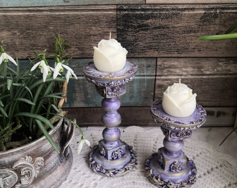 Decor Candlestick Set Wooden Art Candle Holder Purple Romantic Gift Handmade Candle Rose Mother's Day Home Decor Christmas Gift