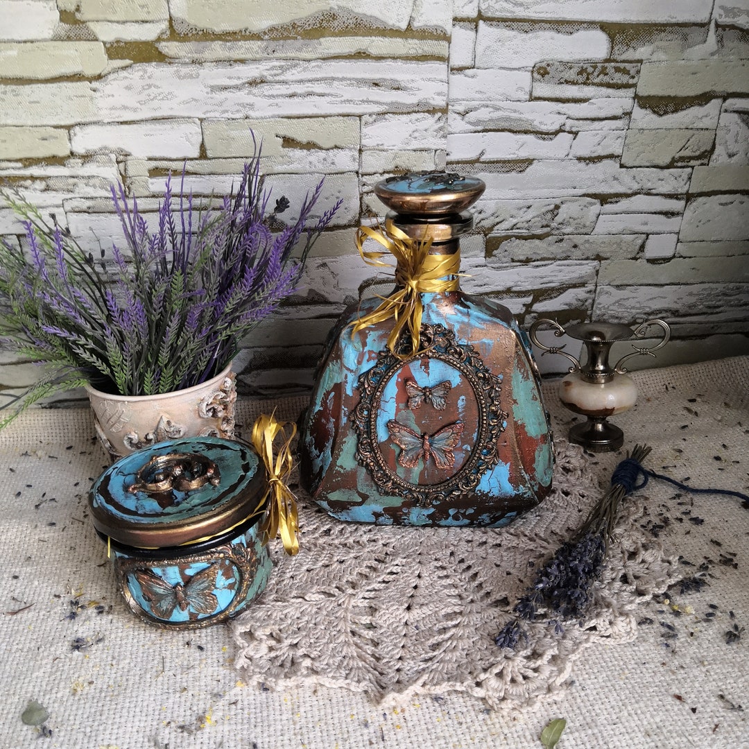 Glass Set Vintage Bottle Jar Christmas Gift Glass Bottle Butterflies Festive Bottle Kitchen