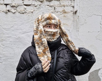 Gorro de invierno cálido con orejas de conejo, pasamontañas con orejas de conejo, gorro divertido de conejo, regalo de Navidad, gorro de conejo de ganchillo, ropa para festivales, pasamontañas para snowboard, regalo de cumpleaños