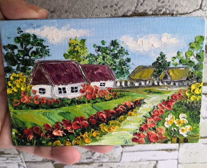 Magnet oil painting Landscape Oil Painting Village Oil painting Magnet on the refrigerator Miniature magnetic painting Flower painting Gift