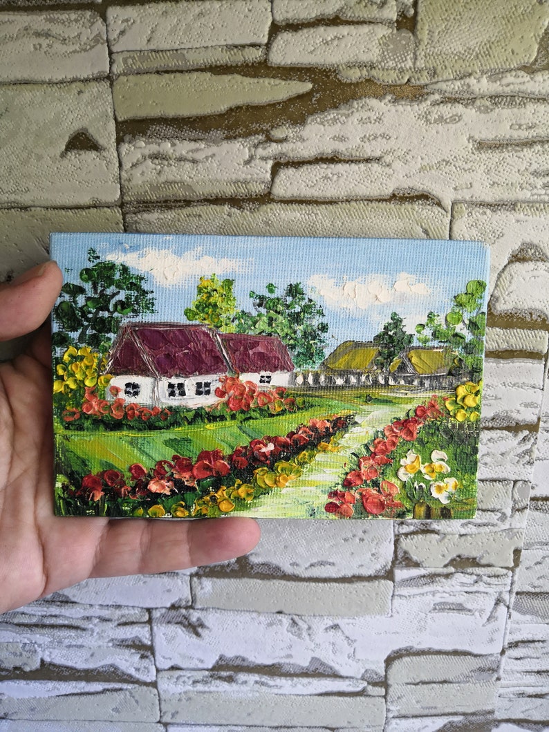 Magnet oil painting Landscape Oil Painting Village Oil painting Magnet on the refrigerator Miniature magnetic painting Flower painting Gift