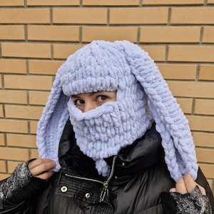 Puede incluir: Un pasamonta&ntilde;as tejido de color azul claro con largas orejas de conejo. El gorro cubre la cabeza y el cuello, con una abertura para los ojos y la boca. El gorro est&aacute; hecho de un hilo suave y texturizado y se usa sobre una chaqueta negra.