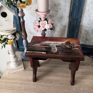 May include: A wooden stool with a brown, red, and orange painted finish. The top of the stool features a printed image of a sleeping kitten.
