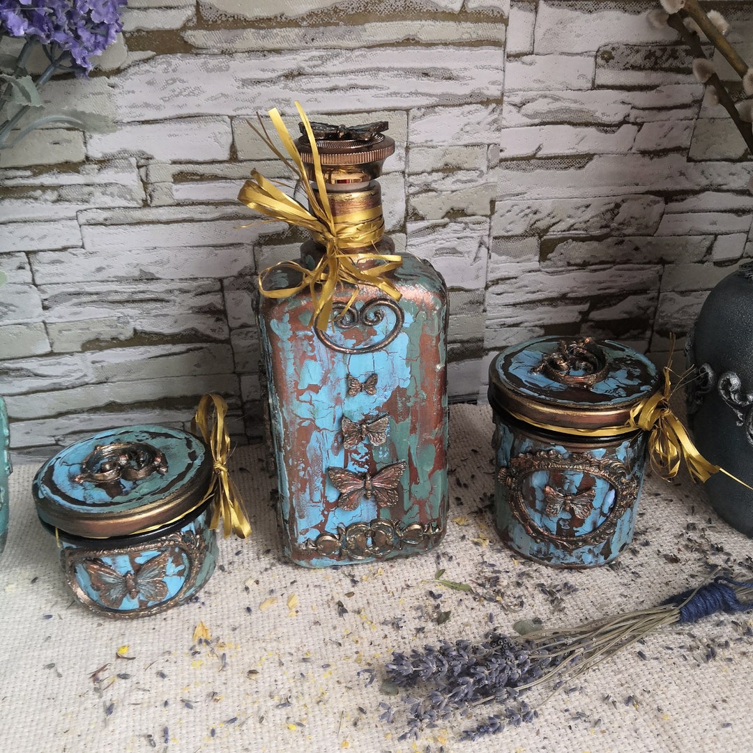 Glass Set Vintage Bottle 2 Jars Bottle Jar Christmas Gift Glass Bottle Festive Bottle Kitchen