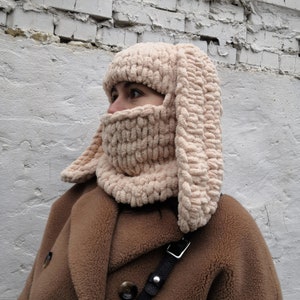Gorro de invierno cálido con orejas de conejo, pasamontañas con orejas de conejo, gorro divertido de conejito, regalo de Navidad, gorro de conejo de ganchillo, pasamontañas para festivales y snowboard, regalo hecho a mano imagen 2